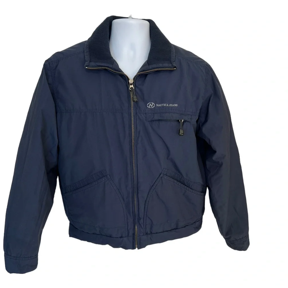 Nautica Jeans Heavy Warm Winter Coat Quilted Lining size Men’s Medium Navy Blue